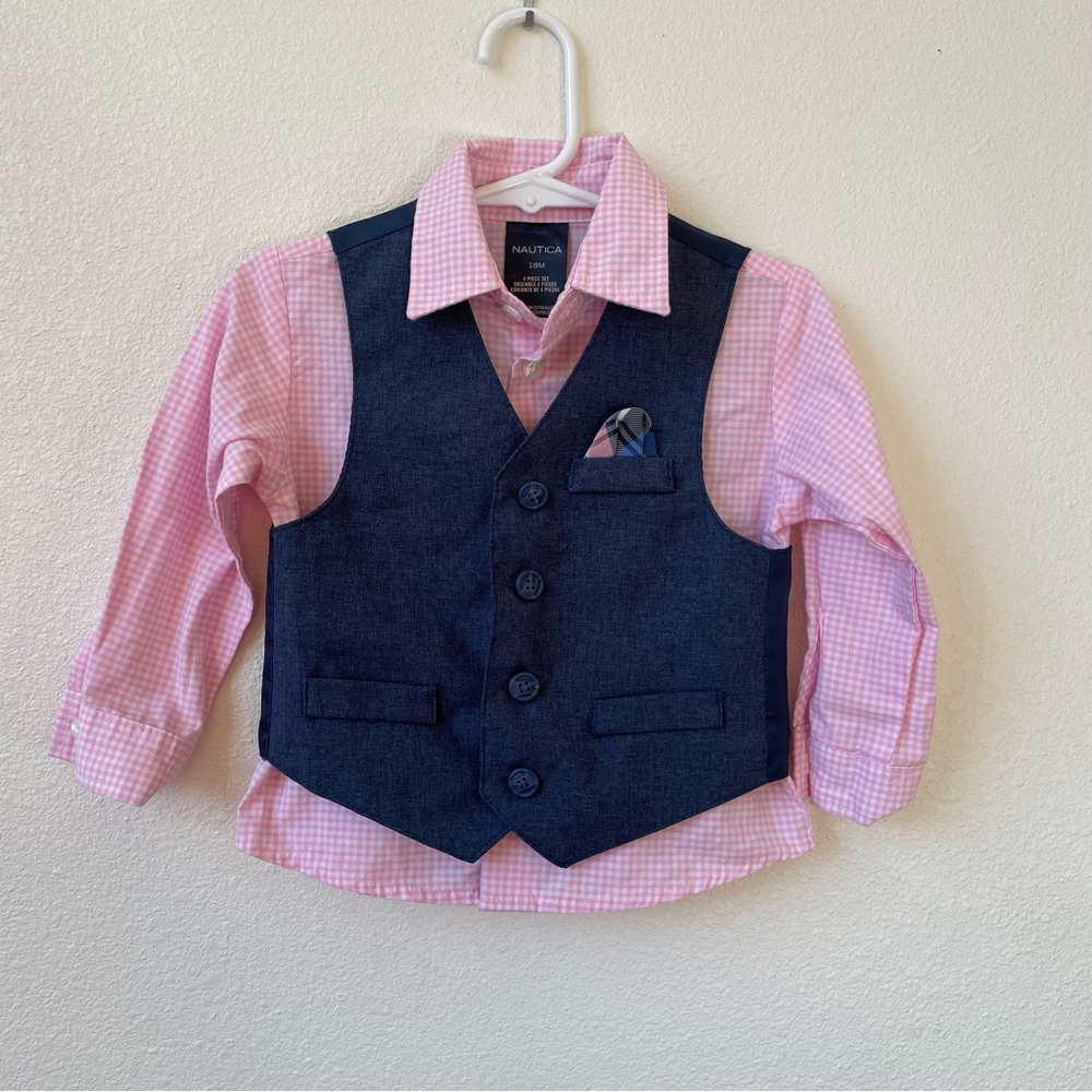 Nautica 18 Month Pink and Navy Long Sleeve Button Down Shirt & Vest Set Checker